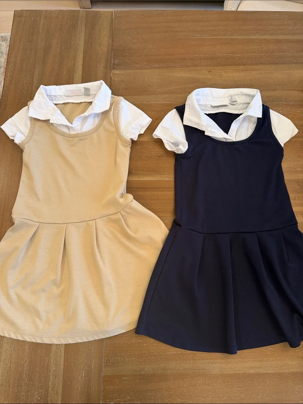 Girls' Uniform Ponte Knit 2-1 Dress Set of 2 Navy & Beige